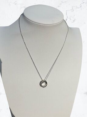 Stainless Steel Textured Circle Pendant Necklace - Silver